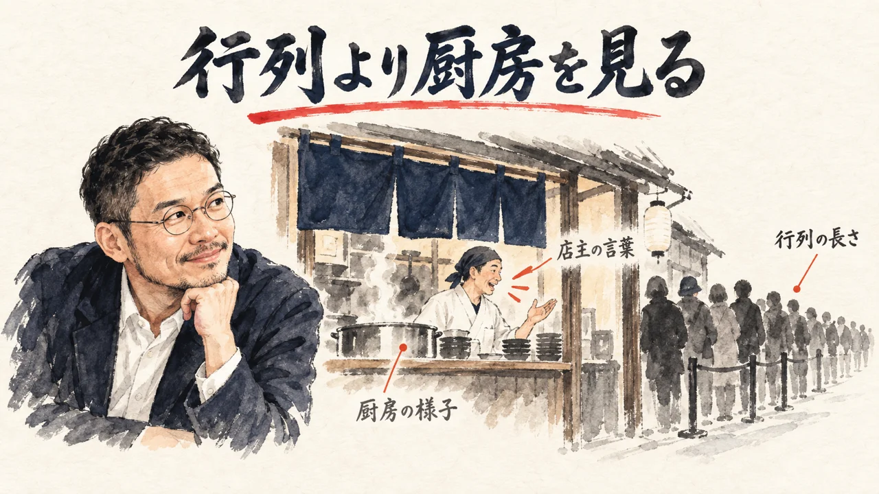 行列の長さより厨房の様子を見るひろくんのコラム図解