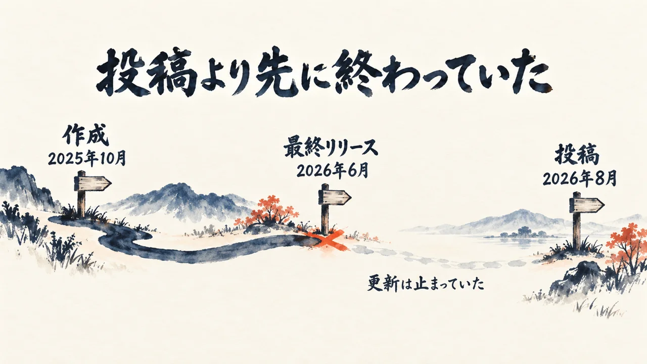 作成・最終リリース・投稿の時系列で、投稿の時点で更新が止まっていたことを示す図解