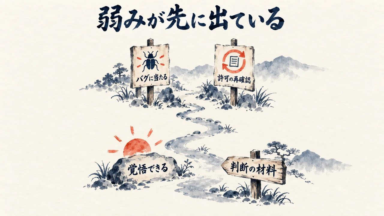先に弱みを言う道具は判断の材料になることを示す図解
