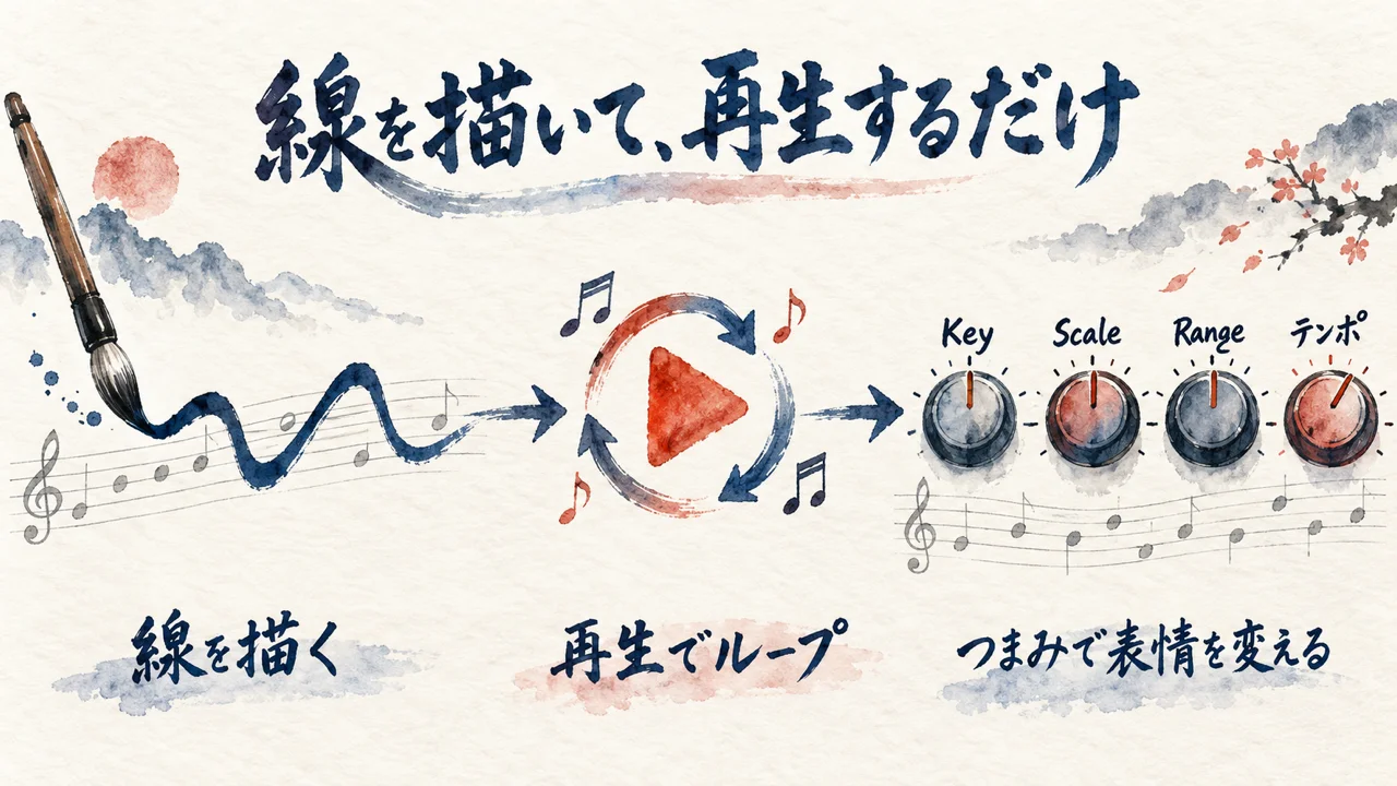 線を描いて再生し、Key・Scale・Range・テンポで表情を変える（流れ図解）