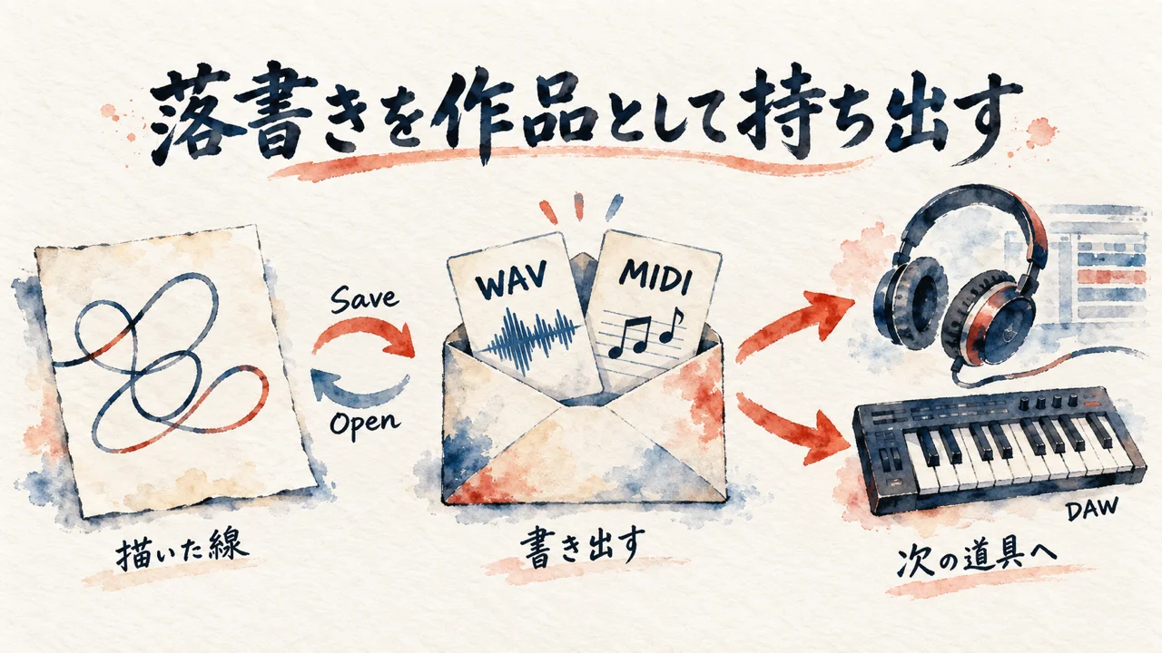 Save／OpenとWAV・MIDI書き出しで落書きが作品になる（前後図解）