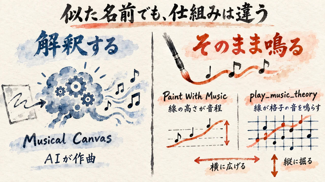 AIが作曲する Musical Canvas と、線がそのまま音になる play_music_theory（対比図解）