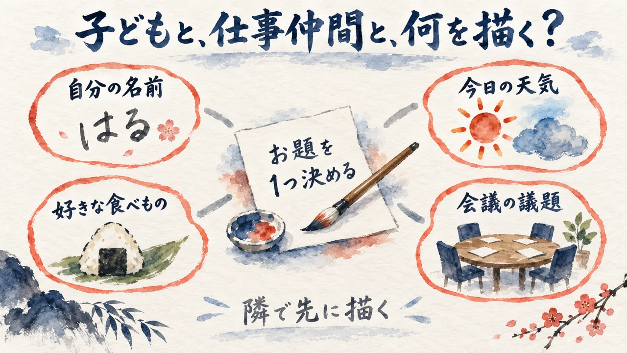 子どもや仕事仲間と描くお題の例、隣で先に描く（放射図解）
