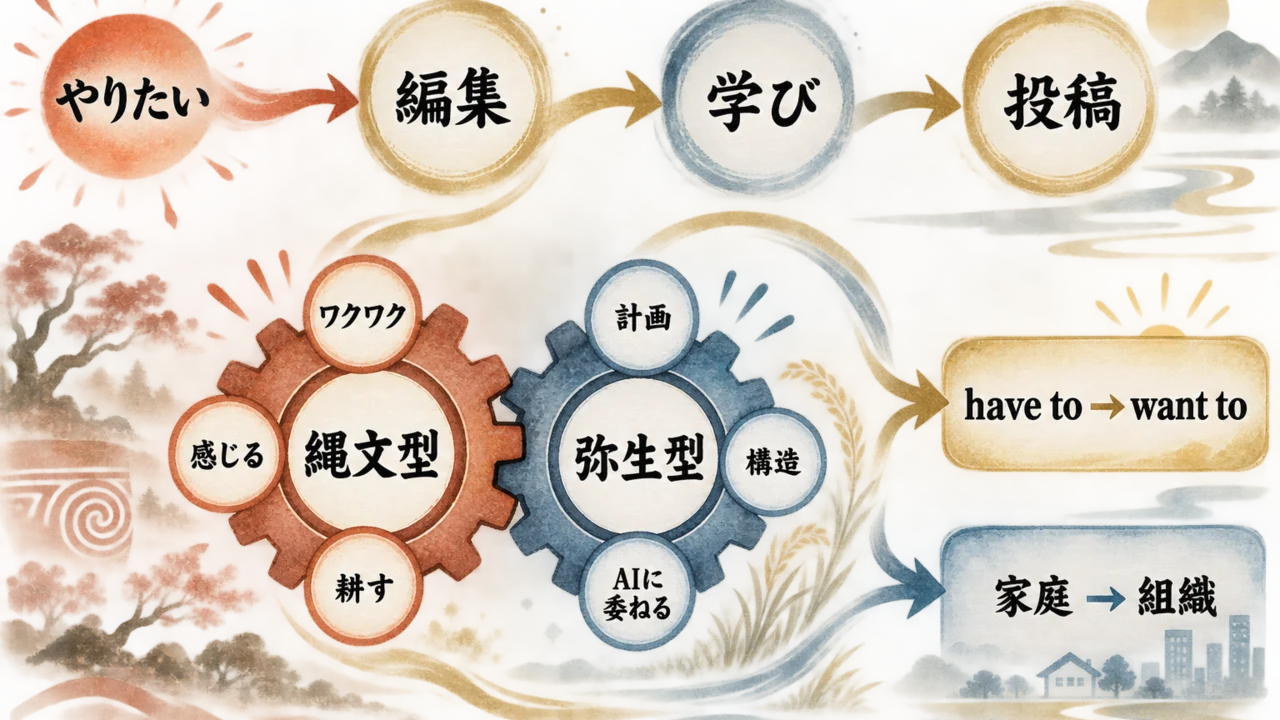 やりたいことから学びが生まれ、縄文型と弥生型が噛み合う全体構造図