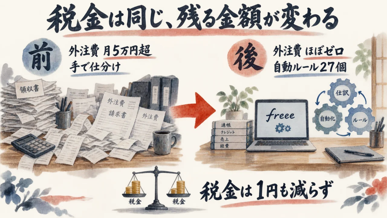 「税金は1円も減っていません。でも、残る金額は変わりました」。銀次さんが外注費と経理を機械に渡した話