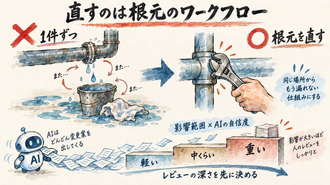 「同じ指摘が繰り返し出るなら、直すのは個々の変更じゃなくワークフローそのもの」——昇格ポリシーの階層化