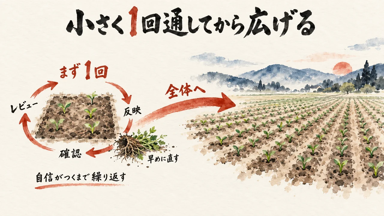 「まず小さな範囲でエンドツーエンドを1回通してから、全体へ広げる」——スケールする前の1回
