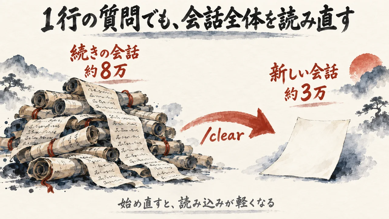 「a one-line question in a session that has been open all day」。長い会話は、1行の質問でも全体を読み直す