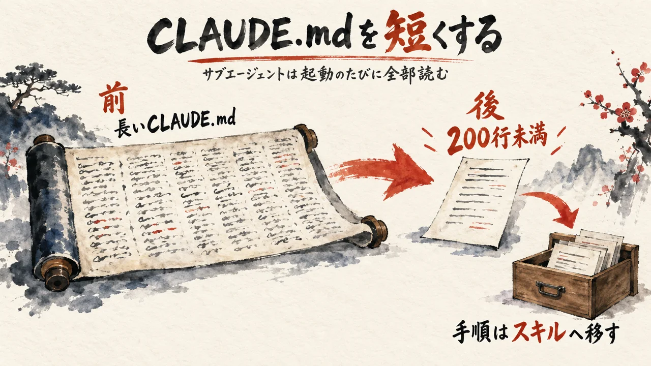 「Aim to keep CLAUDE.md under 200 lines」。手順はスキルへ移して、毎回読ませる量を減らす