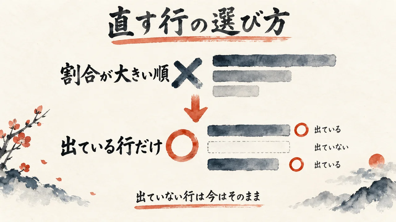 「だから、割合の大きさで順番を決めず、出ている行にだけ手を打てば足ります」。直す作業にも枠は使う