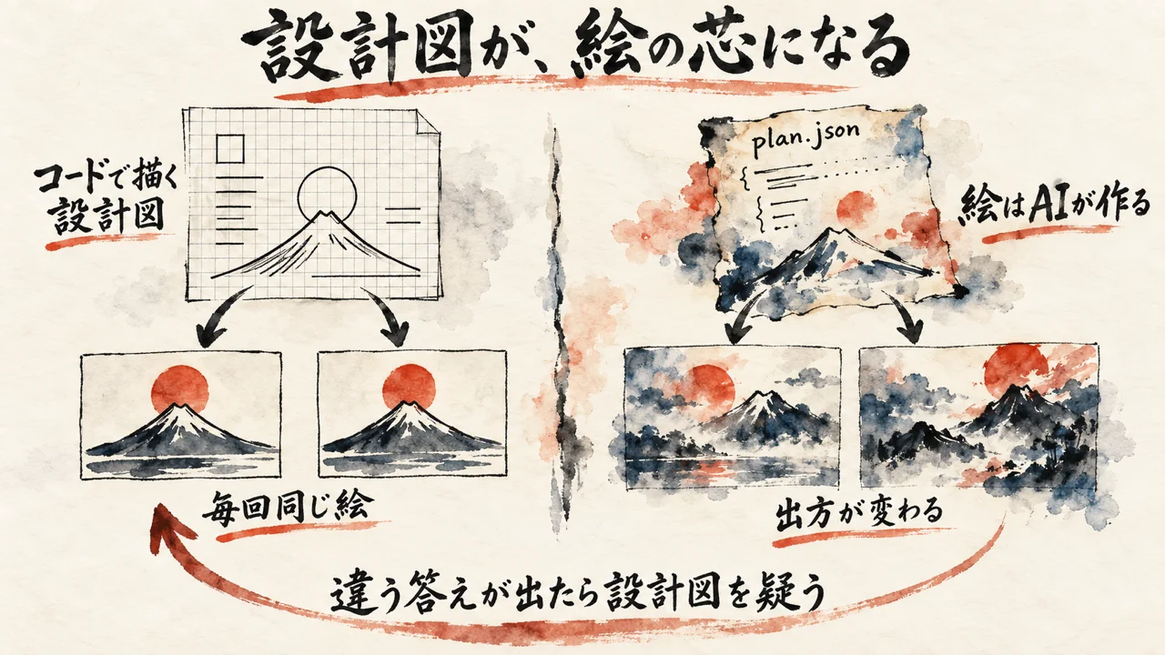 「設計図が同じなら、100回書き出しても同じ絵になる」。私の設計図は、何を入れるかで決まる