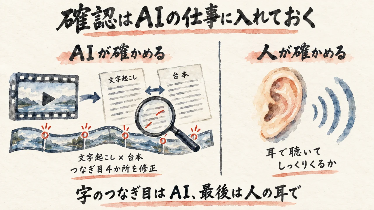 「AIが自分で見て直す工程を先に組み込んでいる」。確認はAIに任せて、耳で確かめる作業は残す