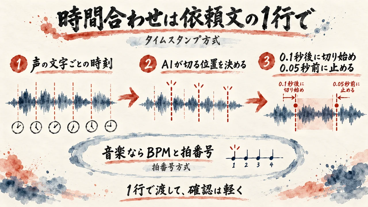 「BPMを決めて出来事を拍番号で管理して」。時間合わせは1行で渡し、確認は軽く済ませる
