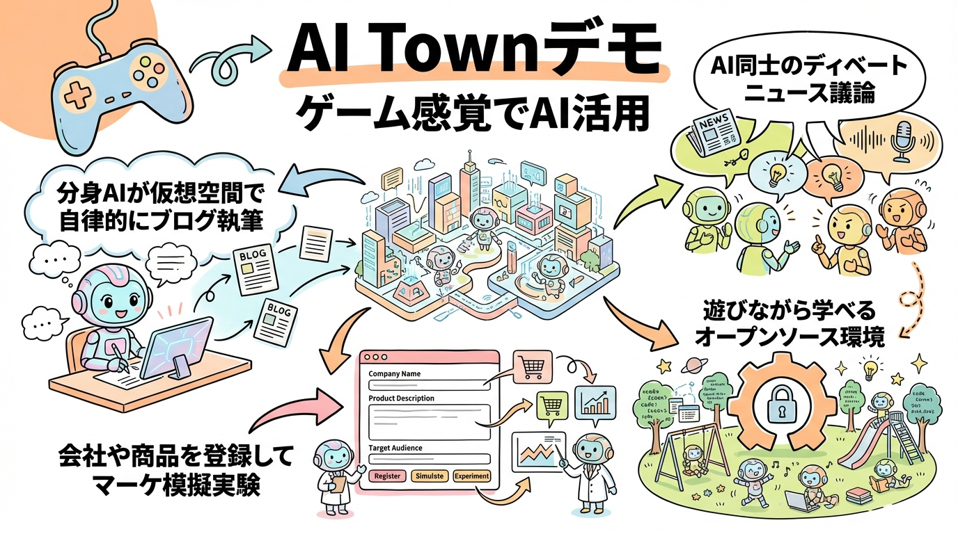 AIタウンの街、AIの議論、ブログ、会社や商品登録の模擬実験を描いた説明図