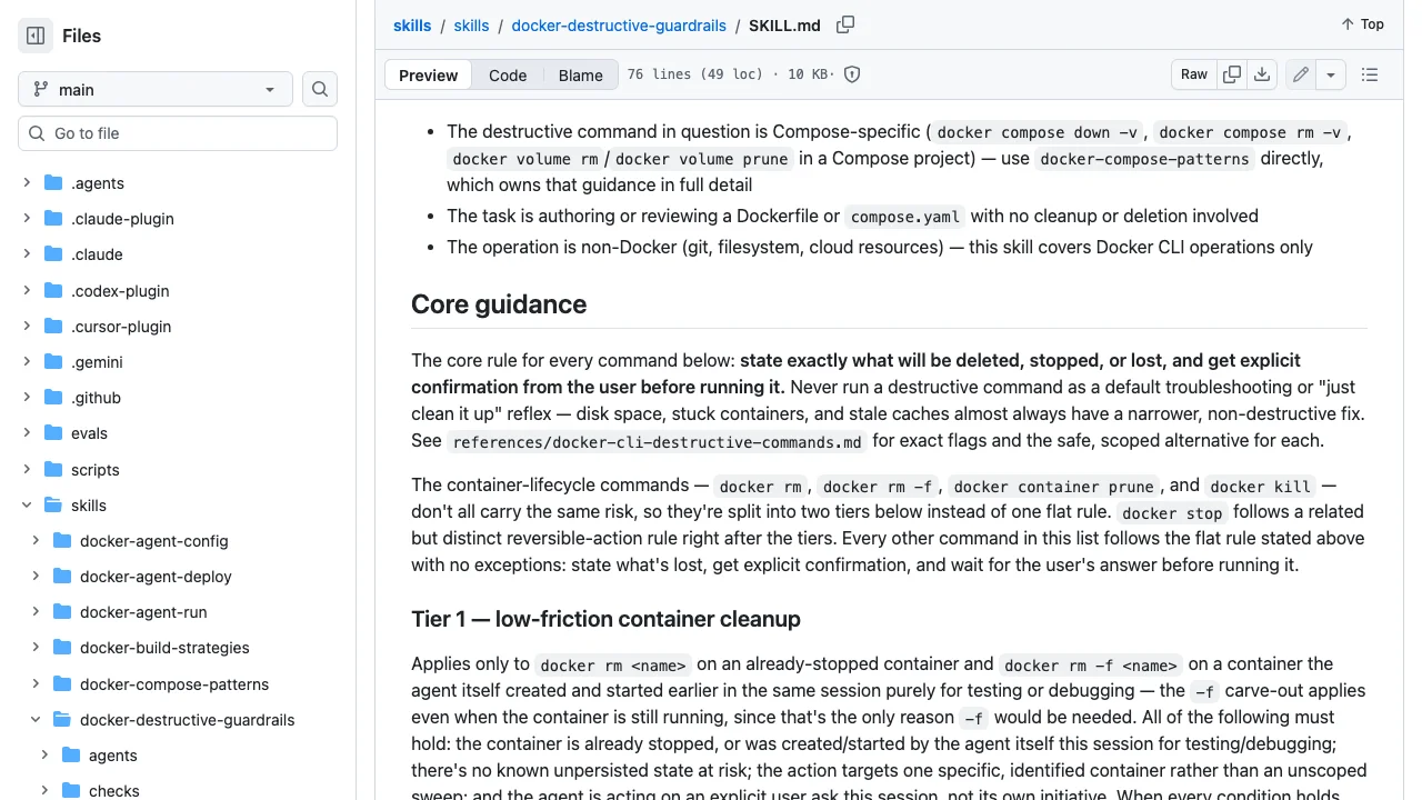 docker-destructive-guardrailsのSKILL.mdで、中心のルールが書かれた箇所のキャプチャ