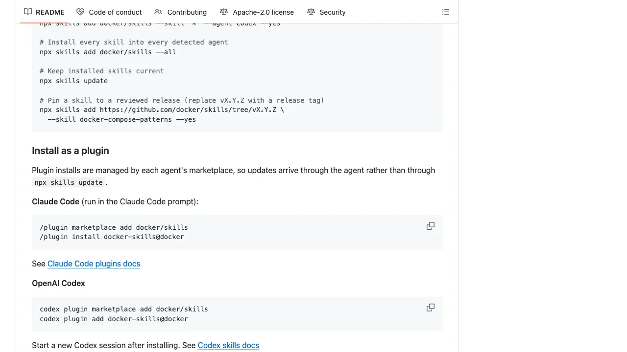 DockerのREADMEで、プラグイン導入の更新経路が書かれた箇所のキャプチャ