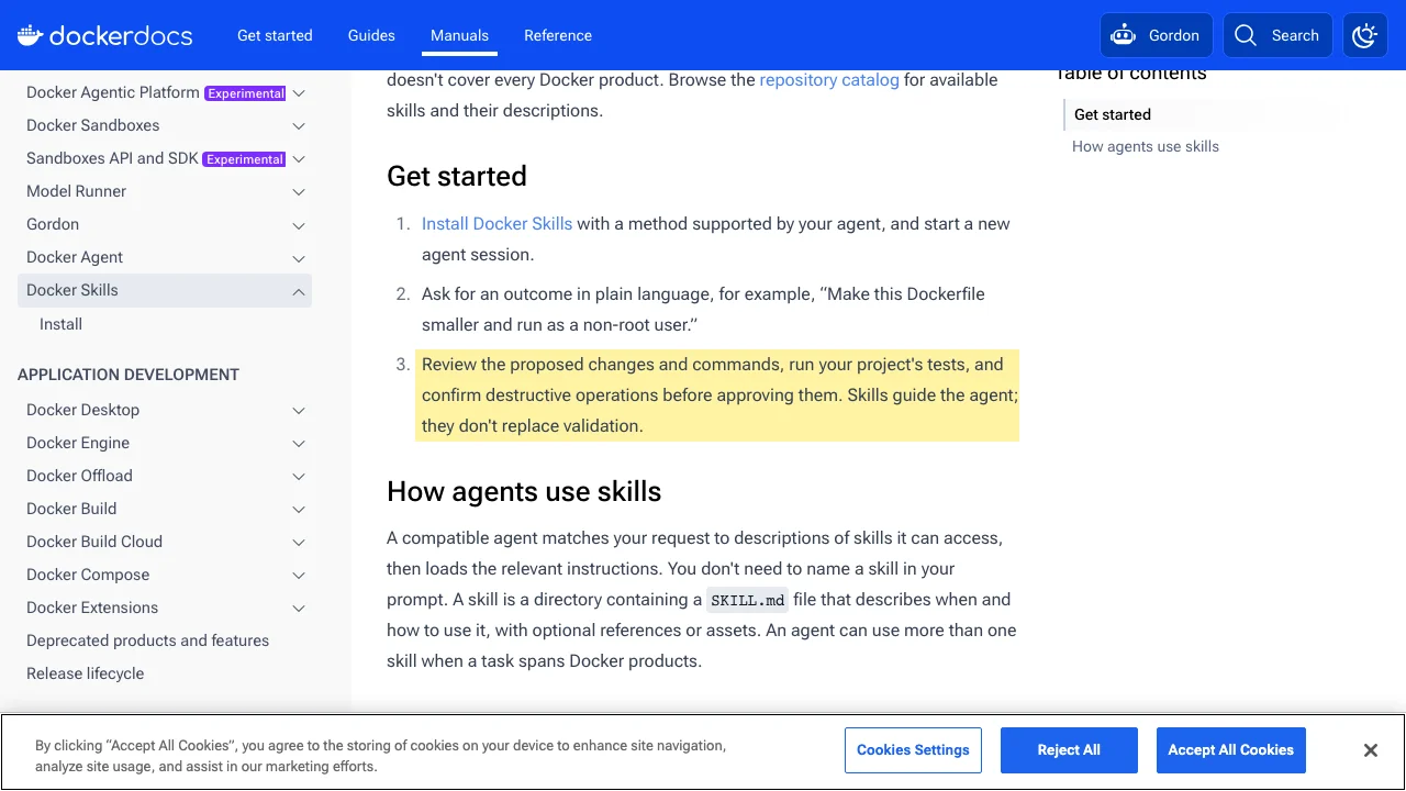 Docker Docsの案内ページで、変更とコマンドのレビューを求める箇所のキャプチャ
