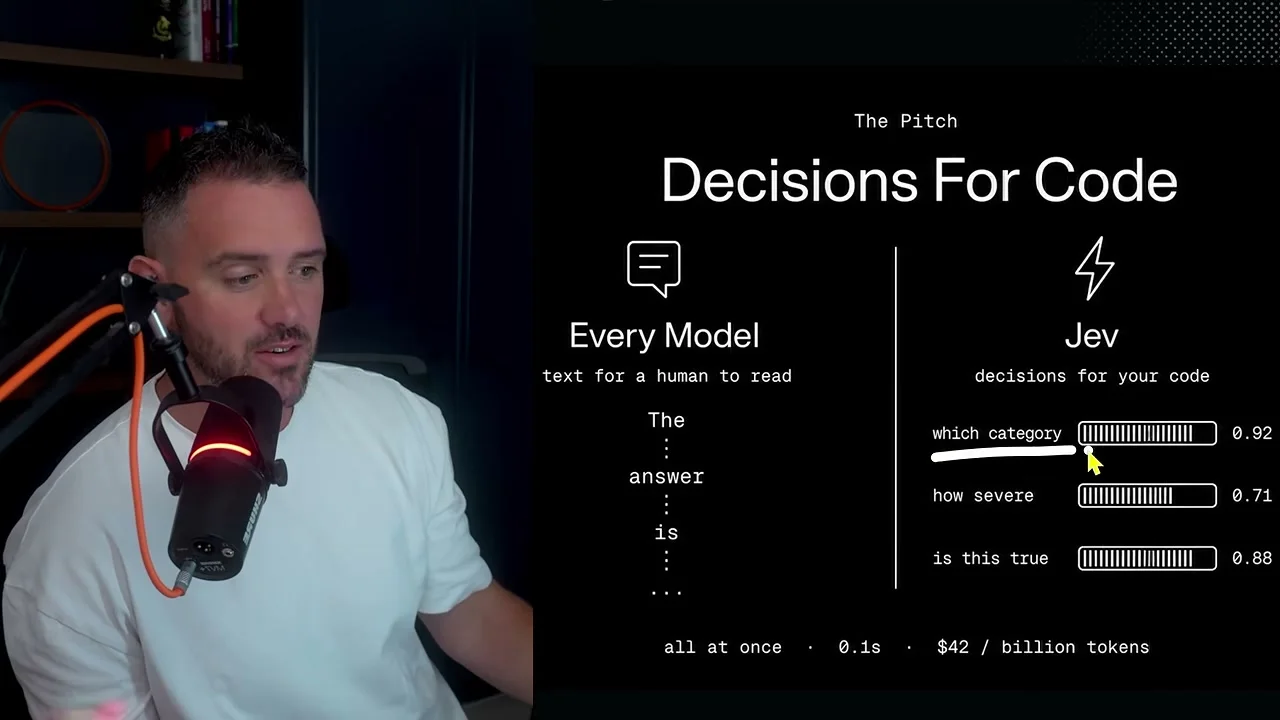動画内スライド：Decisions For Code。既存モデルとJevの決定方式の比較