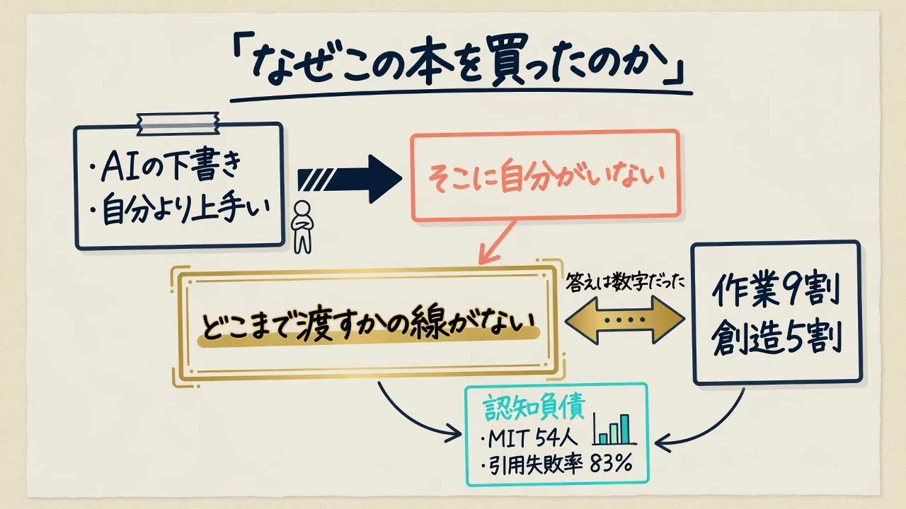 AIの下書きを自分より上手いと感じた理由と認知負債の関係を示した図解