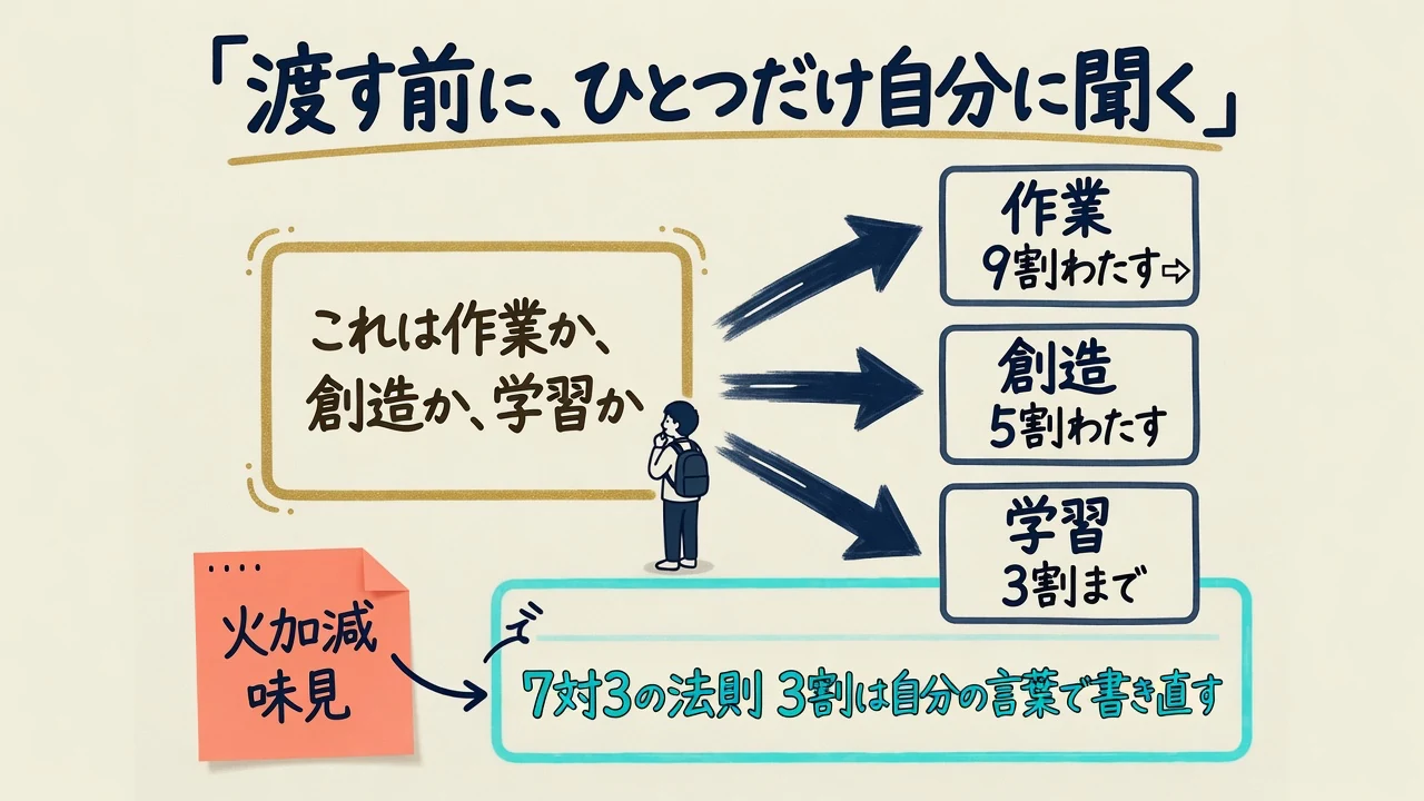作業9割・創造5割・学習3割の渡し方を示した図解
