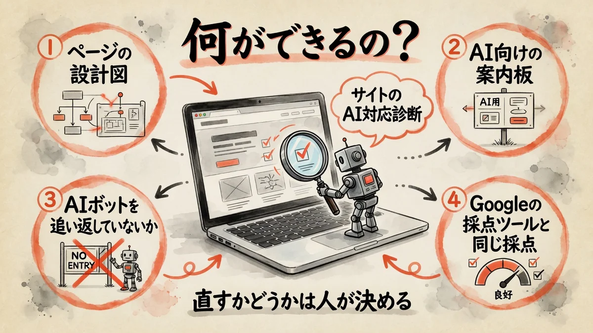 「/seo agentic」で何ができるかの図解。サイトのAI対応診断として、ページの設計図・AI向けの案内板・AIボットを追い返していないか・Googleの採点ツールと同じ採点の4つを調べる