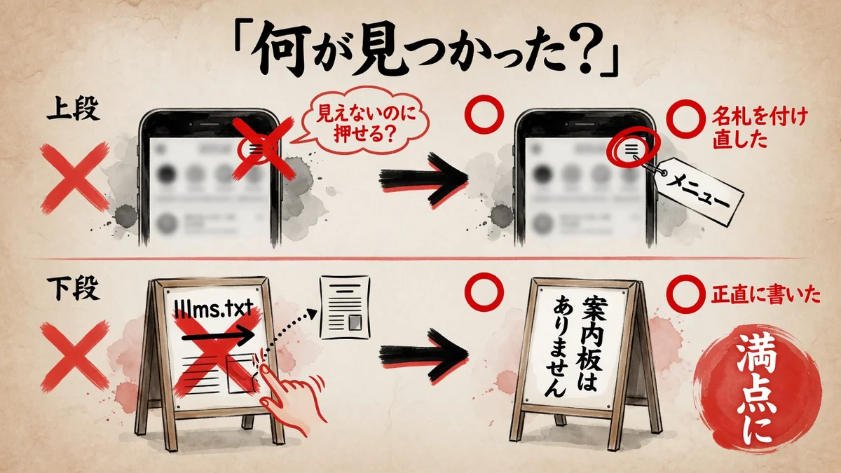 ai-kidou.jpで見つかった2つのBefore/After図解。スマホのメニューボタンに名札を付け直し、llms.txtは案内板はありませんと返すようにして1/3から2/2に