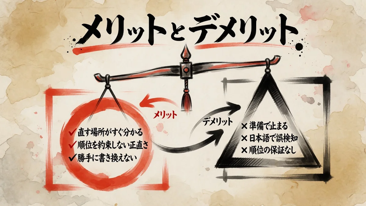 メリットとデメリットの天秤の図解。メリットは直す場所がすぐ分かる・順位を約束しない・勝手に書き換えない。デメリットは準備で止まる・日本語で誤検知・順位の保証なし
