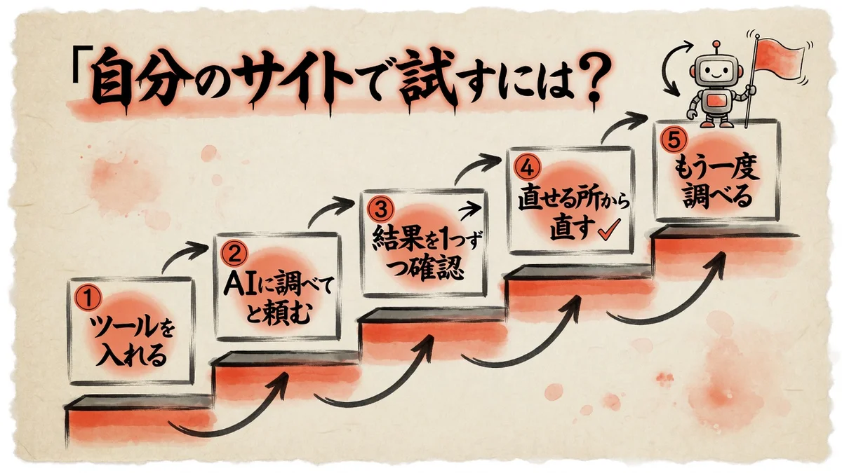 自分のサイトで試す5段の手順の図解。ツールを入れる、AIに調べてと頼む、結果を1つずつ確認、直せる所から直す、もう一度調べる