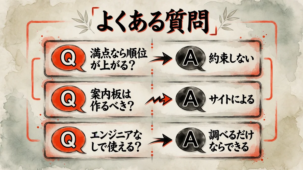 よくある質問の図解。満点でも順位は約束しない、案内板はサイトによる、調べるだけならエンジニアなしでもできる