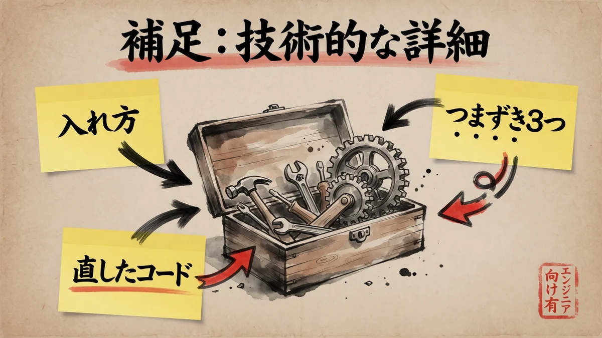 技術的な詳細の図解。入れ方、つまずき3つ、直したコードをエンジニア向けにまとめた補足
