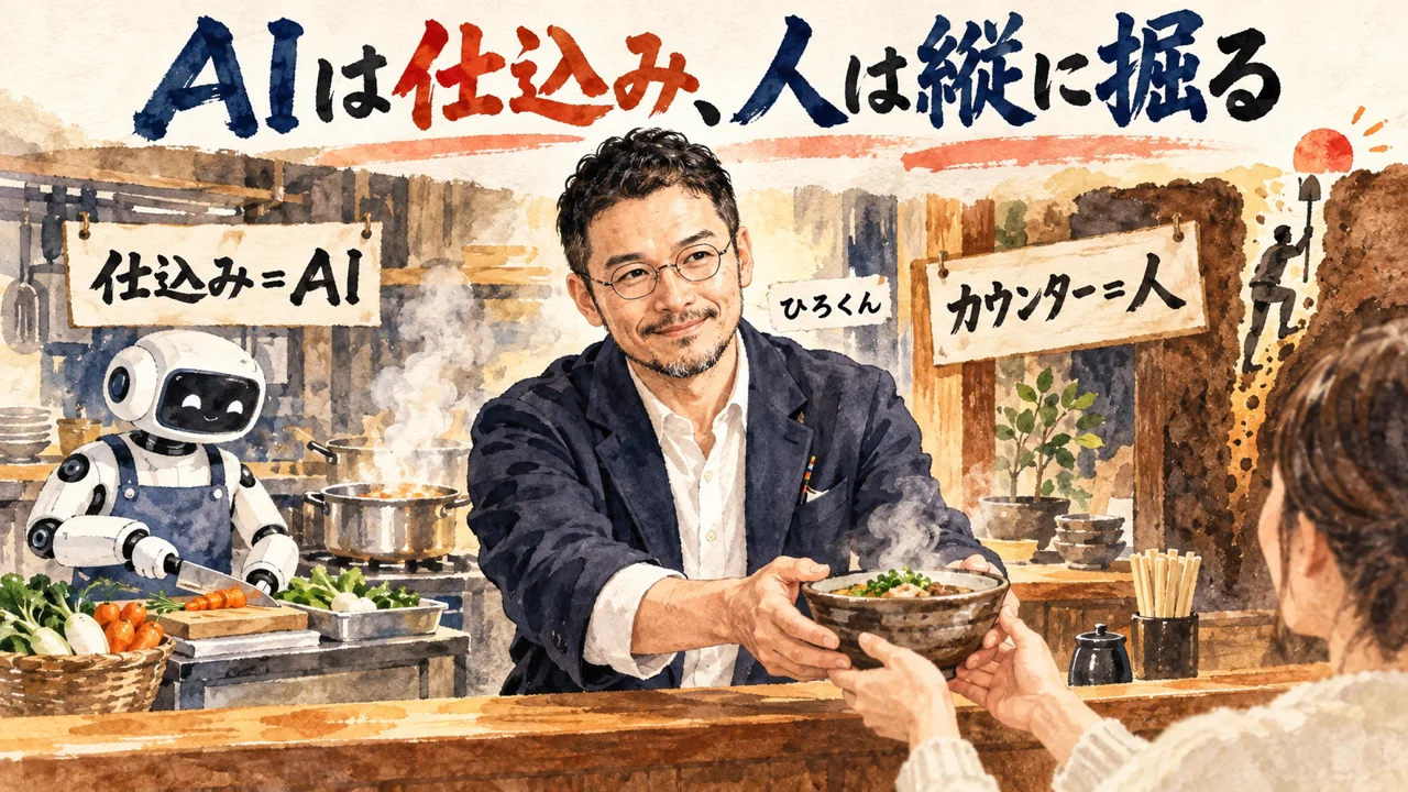 AIに任せる仕事は仕込み。人は右上で縦に掘る の図解