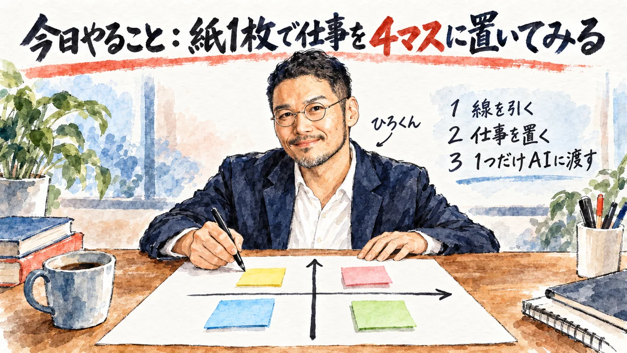 今日やること：あなたの仕事を4マスに置いてみる の図解