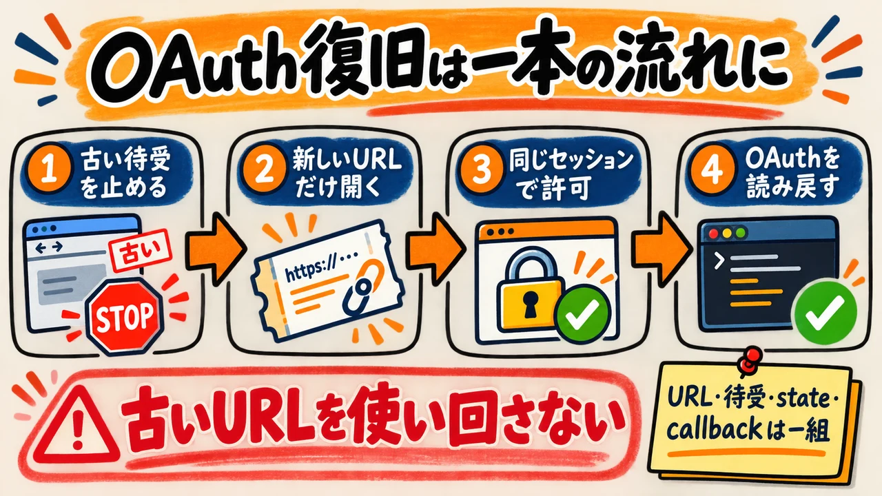 Cloudflare API MCPのOAuthを古い認証URLから最新の認証URLへ切り替えて復旧する流れの図