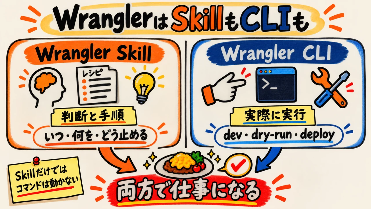 Wrangler Skillが判断と手順を担い、Wrangler CLIが実行を担う役割分担図