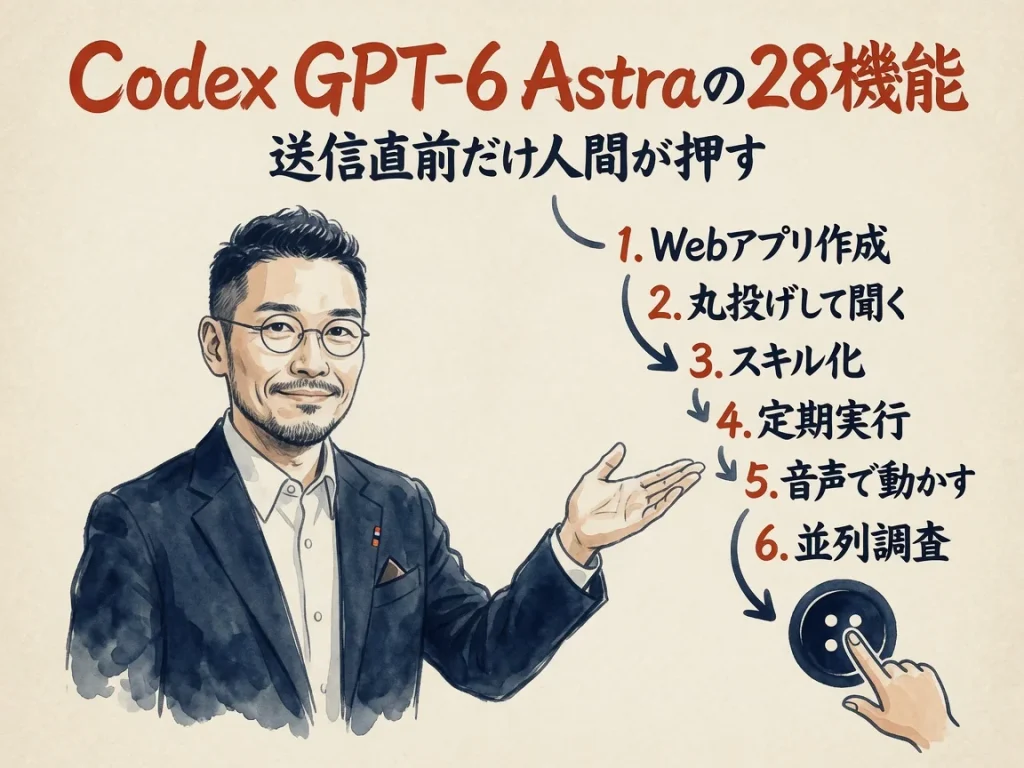 Codex GPT-6 Astraの28機能全体図解——ひろくんとCodexに任せる項目の番号フロー