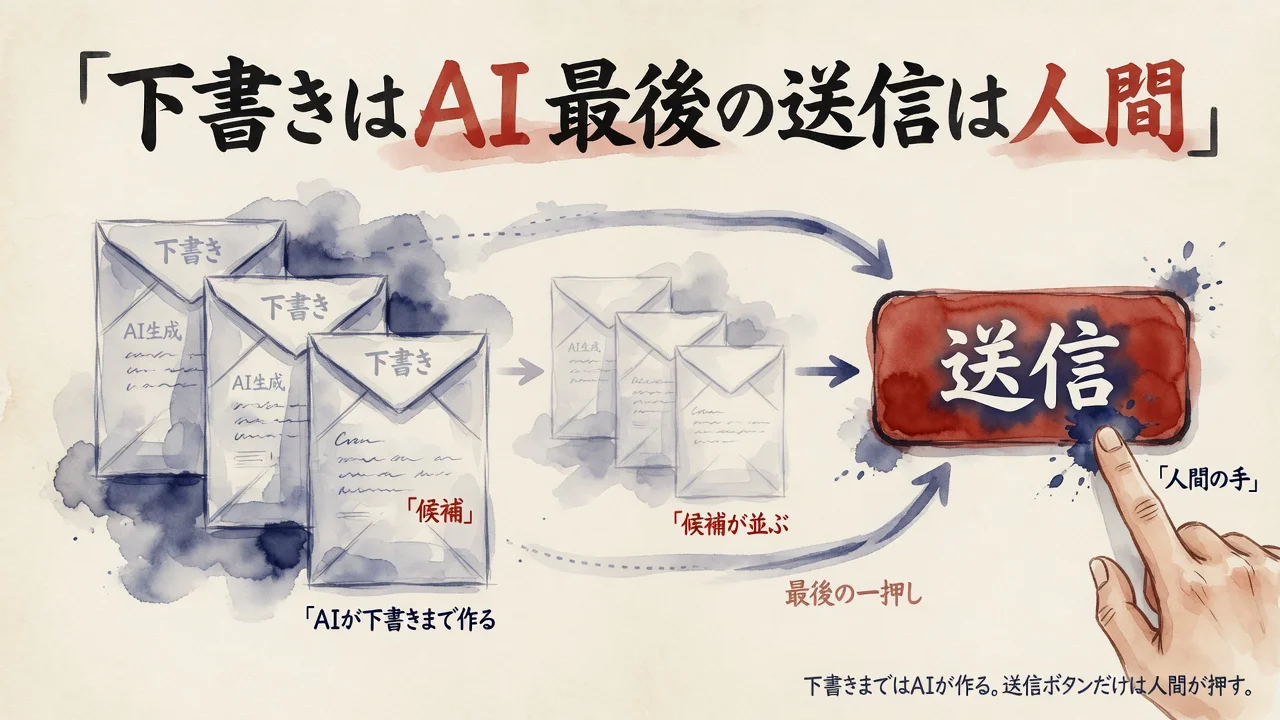 下書きはAI、最後の送信は人間という図解