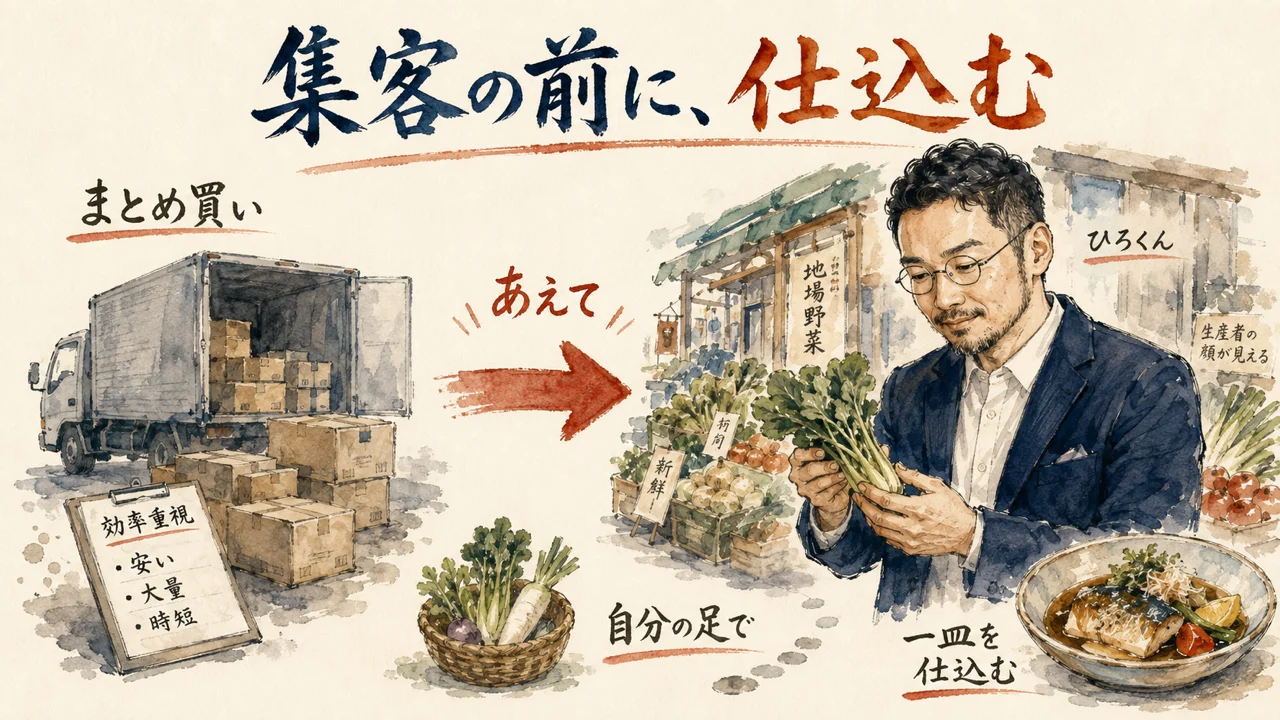 ひろくんが市場で食材を選ぶコラム図解
