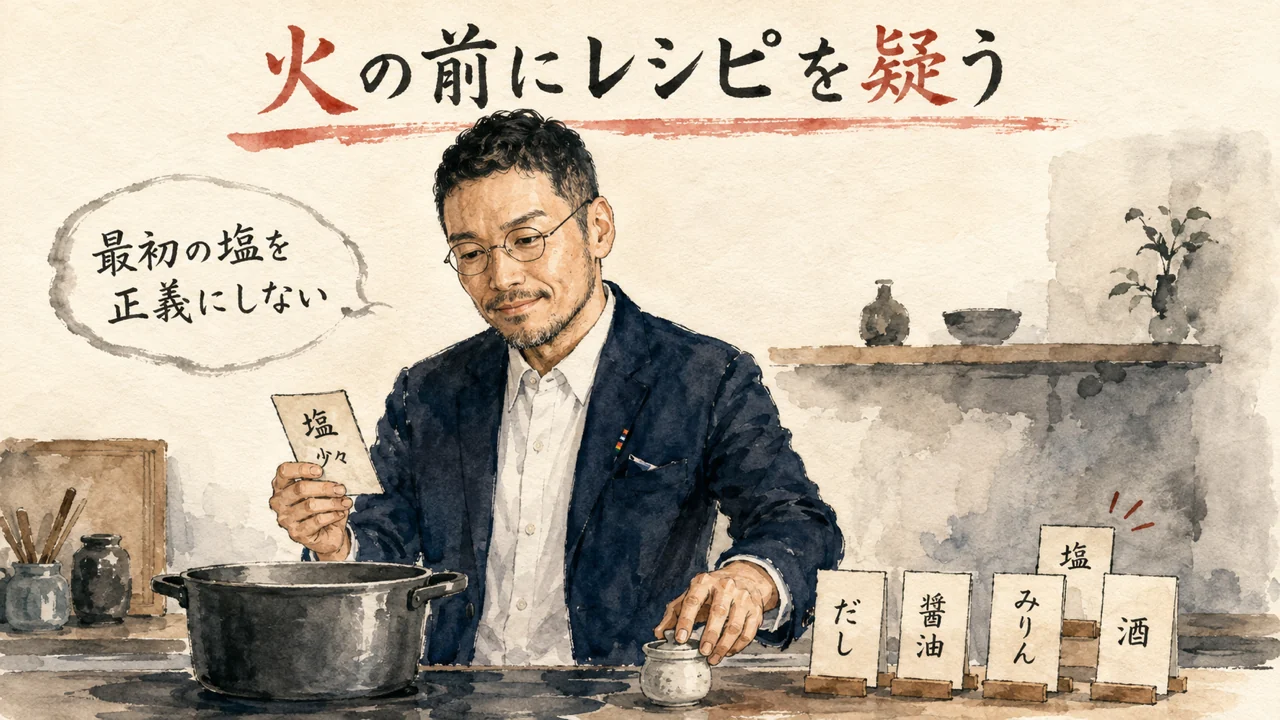 火の前にレシピを疑う係｜ひろくんが塩の前でレシピを見る図解