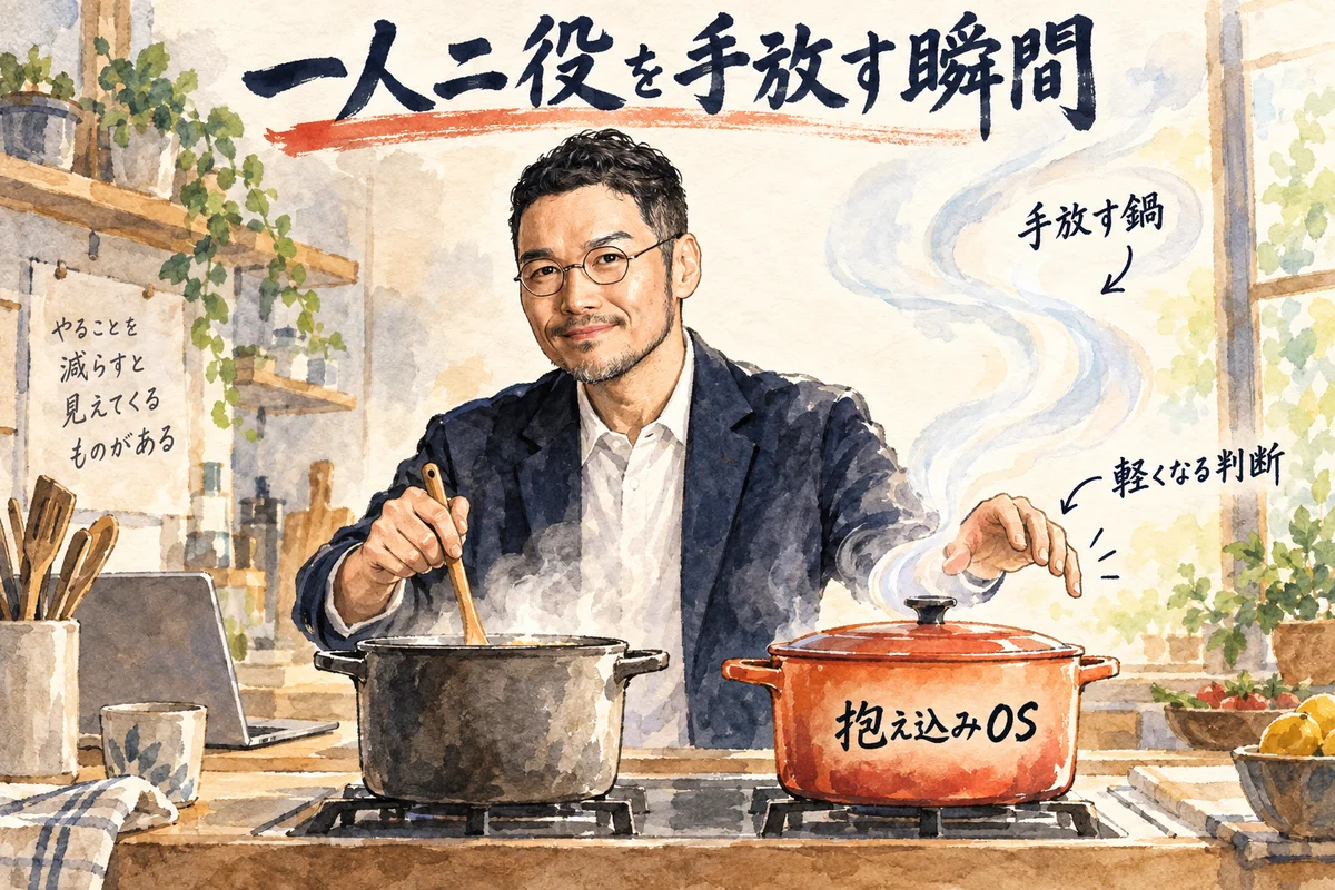 ひろくんコラム図解——一人でAIチューバー対談を作る発想と、抱え込みOSから委ねるOSへの重なり