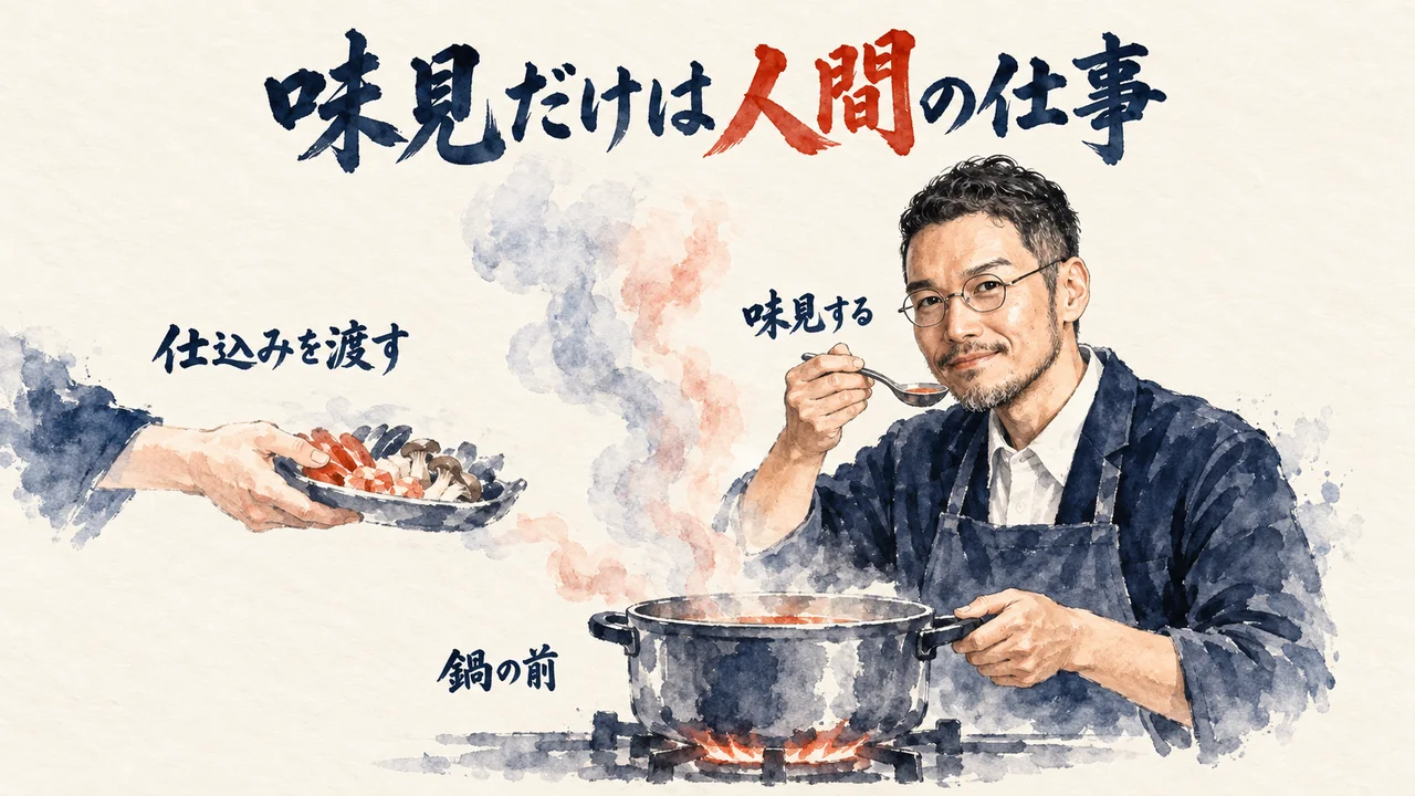 AIに仕込みを渡しても味見だけは人間の仕事の図解