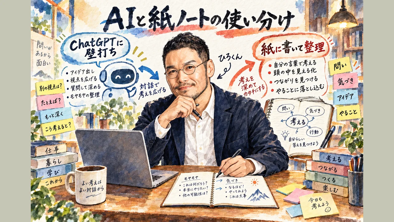 ひろくんコラム図解: ChatGPTを壁打ち相手にしつつ紙のノートで頭を整理する