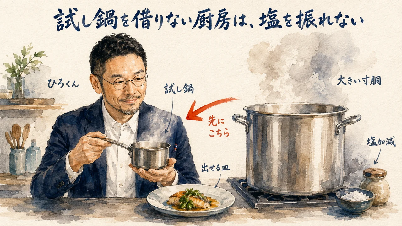 試し鍋を借りてから寸胴へ移すコラム図解