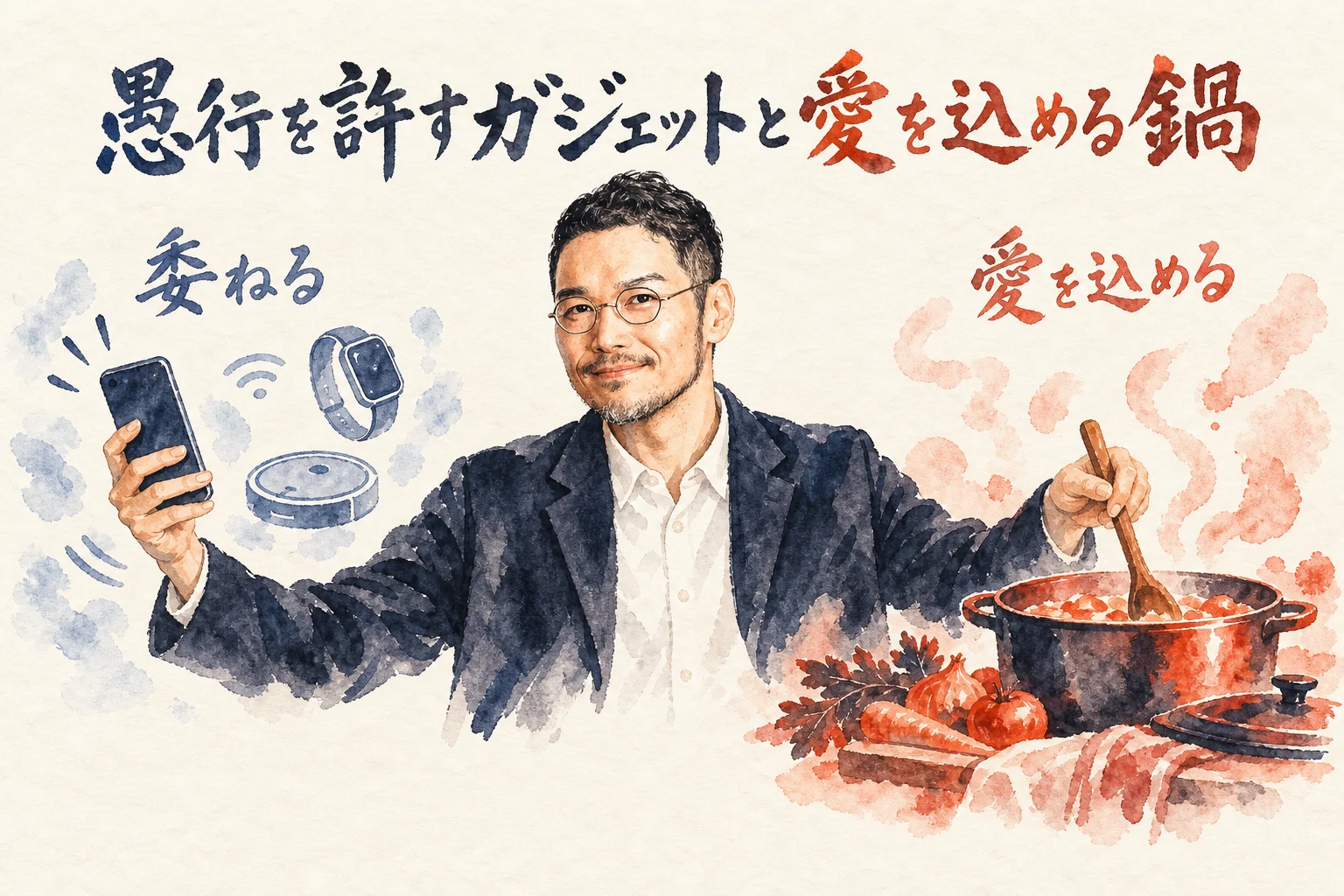 ひろくんがガジェットに委ねる部分と鍋に愛を込める部分を両手に表すコラム挿絵