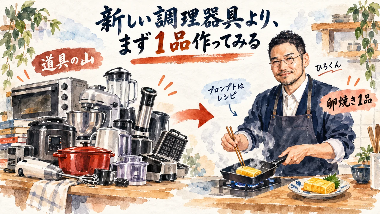 ひろくんが新しい調理器具より先に卵焼き1品を作っているコラム図解