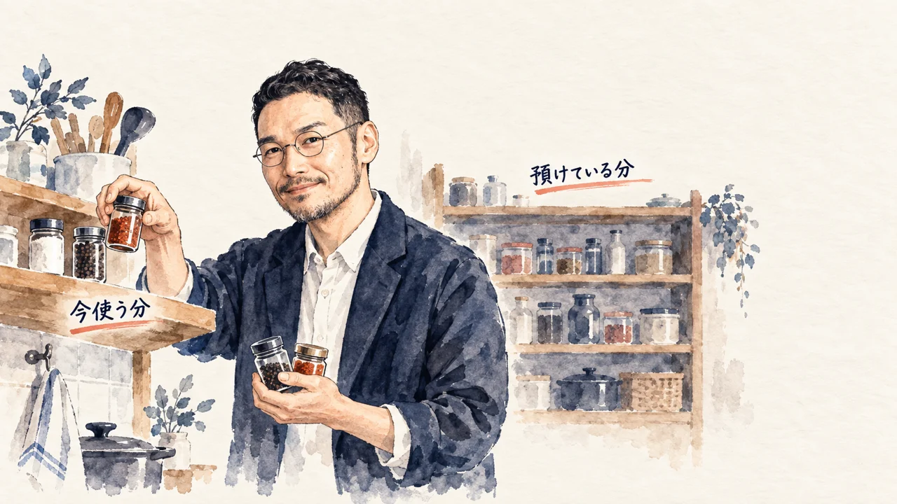 全部盛りをやめた日の調味料棚メタファーを描いたひろくんのコラム図解