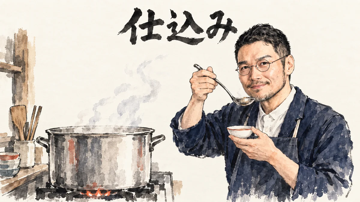 実家の惣菜屋で弱火のまま味を仕込む場面の図解