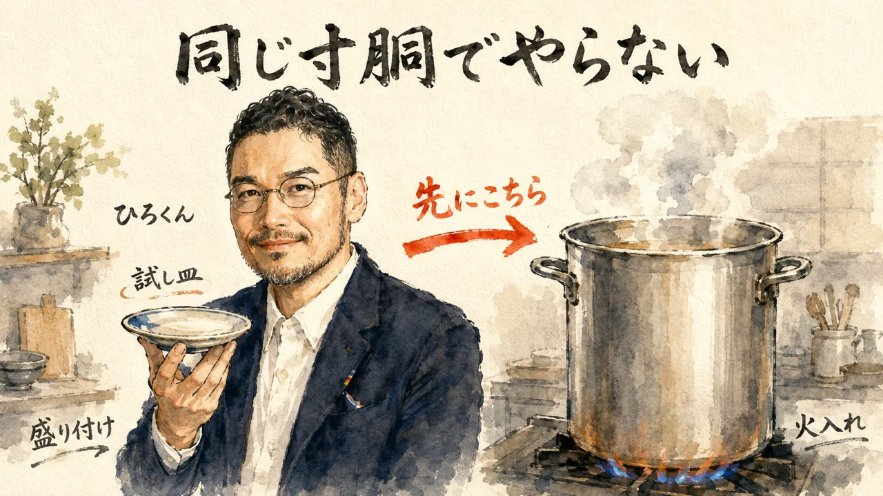 火入れの寸胴と盛り付けの試し皿を分けるコラム図解