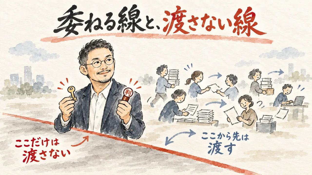 地面に引かれた線の手前に立ち、鍵と判断の道具だけを手に持つ男性の水彩イラスト