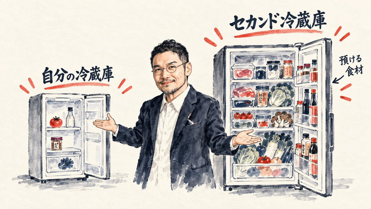 ひろくんが自分の冷蔵庫とセカンド冷蔵庫を見比べているコラム挿絵