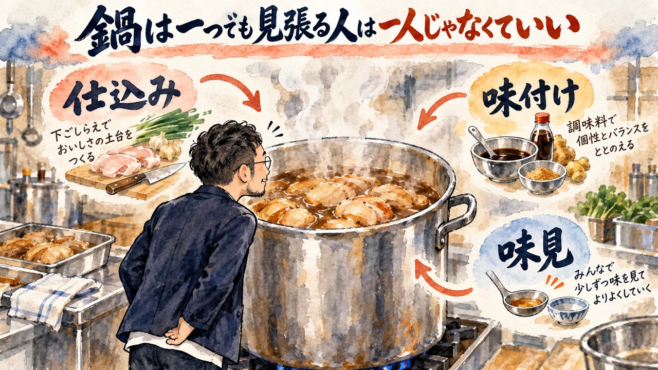 抱え込みOSと鶏チャーシューの寸胴鍋の図解